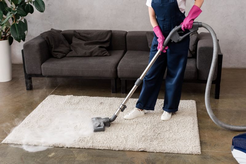 A person in pink gloves is vacuuming a carpet in a living room with a steam vacuum cleaner.