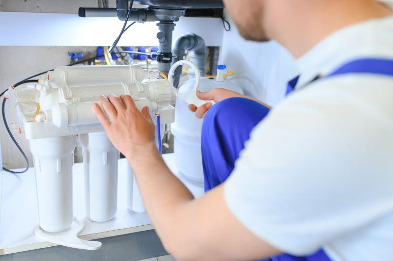 Technician installing a custom water purification system to ensure clean water.