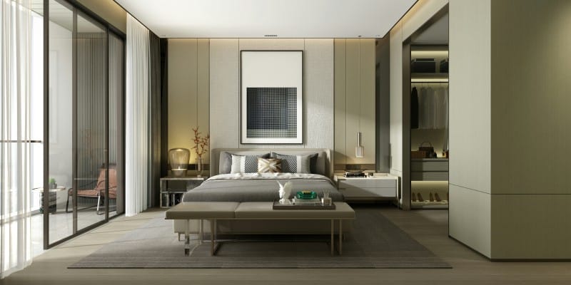 A modern, spacious bedroom with natural light and minimalist furniture, enhancing productivity and mood in the living space.