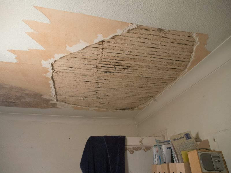 A ceiling with damaged wallpaper, exposing a section of the underlying structure, highlighting unexpected issues discovered during renovations.