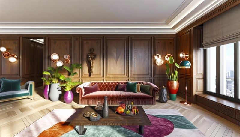 A luxurious living room featuring bespoke interior elements, including custom furniture, vibrant decor, and unique lighting, creating a warm, inviting atmosphere.