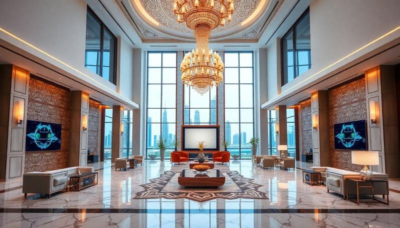 Elegant hotel lobby in the UAE featuring grand chandeliers, modern luxury furniture, and city views—showcasing interior design’s role in brand identity.