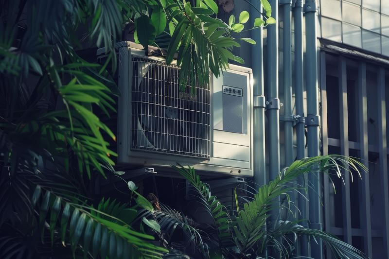 An outdoor HVAC unit surrounded by greenery, showcasing the importance of proper HVAC layouts for efficient air circulation in open-plan living spaces.