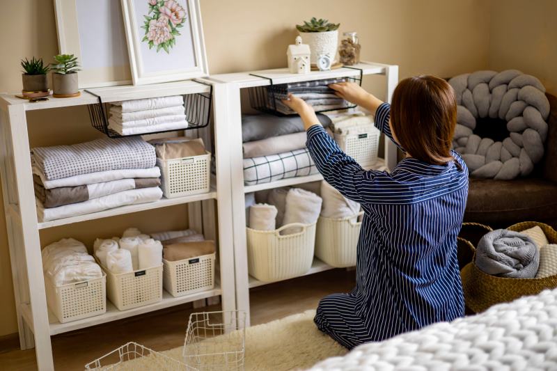 A person organizing folded bedding and linens on shelves with baskets in a small room, using smart home storage ideas to maximize limited space.