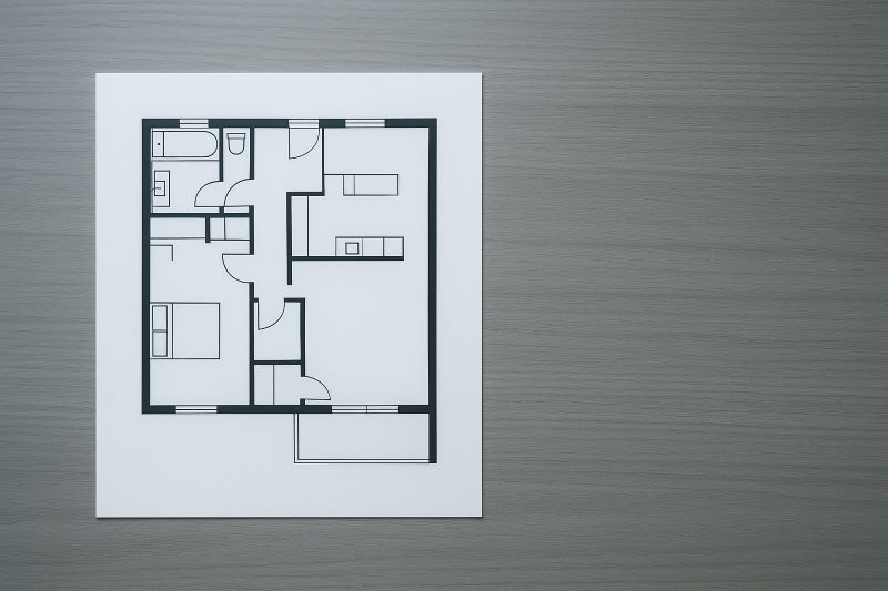 A floor plan layout showing a one-bedroom apartment with a bathroom, kitchen, and living area, relevant to property management planning.