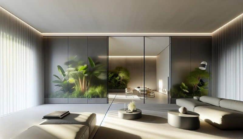 A modern interior featuring a sleek design with retractable screens that separate living spaces while maintaining a stylish, open feel.