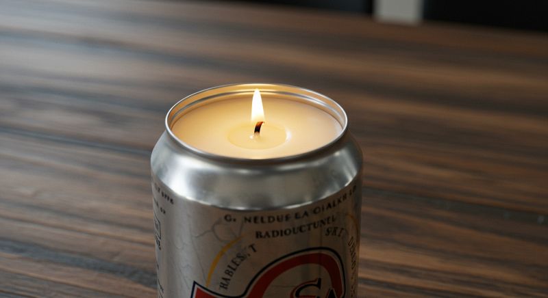 A drink-inspired wax candle made from an upcycled soda can with a lit wick, placed on a wooden surface.