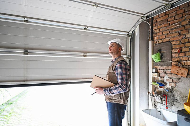 Builder inspecting interior of a garage, evaluating structure and utility setup before converting it into a detached workspace.
