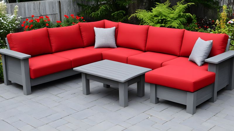 Grey Polywood Furniture set with red cushions and matching table placed on a stone patio in a landscaped outdoor space.
