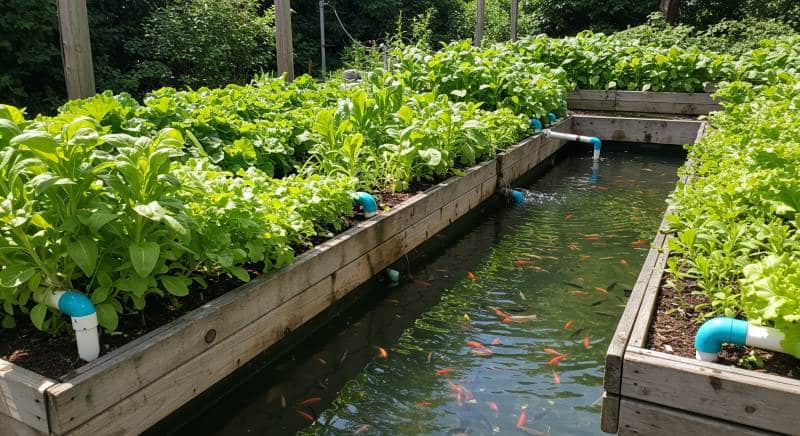 Raised wooden aquaponics structures with lush green plants and a central fish tank showcasing integrated sustainable farming.