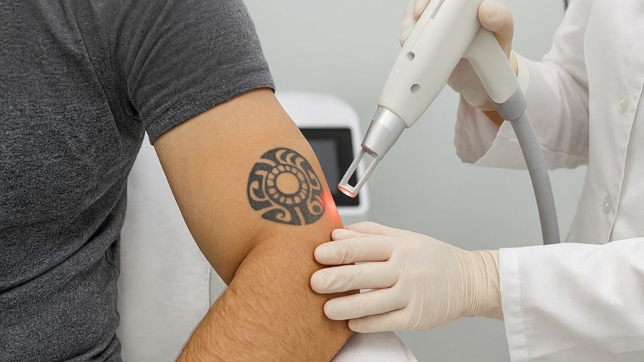 Laser tattoo removal session on arm in clinic