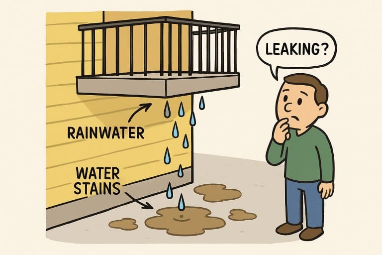 Illustration of a concerned homeowner noticing rainwater dripping from a balcony and forming water stains, indicating a potential leak.