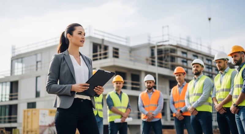 Woman in blazer holding clipboard speaking to a group of construction workers in safety vests and helmets at a building site, highlighting the importance of consultation in construction projects.