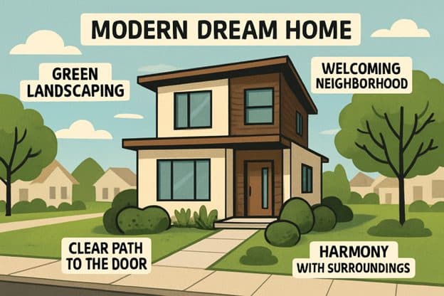 Illustration of a modern two-story home with labeled features: green landscaping, welcoming neighborhood, clear path to the door, and harmony with surroundings.