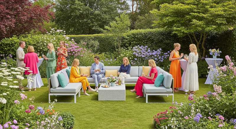 Guests enjoying a stylish garden party in a lush backyard, seated on modern outdoor sofas, surrounded by vibrant flowers and greenery.