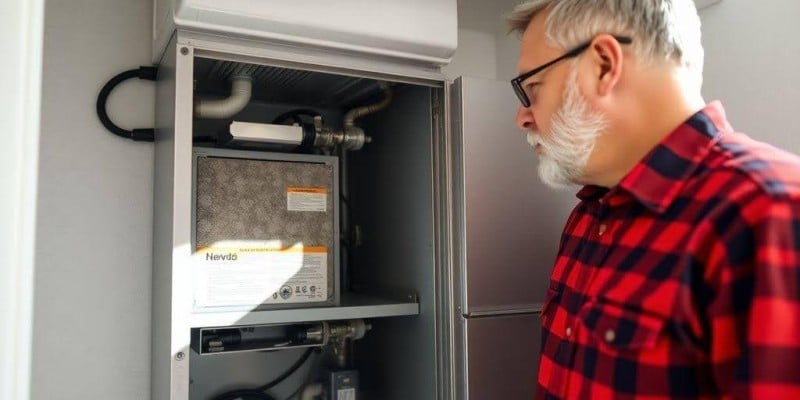 HVAC System.jpg: Man inspecting HVAC unit during maintenance to ensure efficient operation and reduce monthly energy bills.