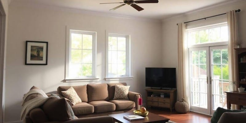 Home Comfort.jpg: Bright living room with natural light, ceiling fan, and comfortable seating, showing how HVAC maintenance supports energy-efficient home comfort.