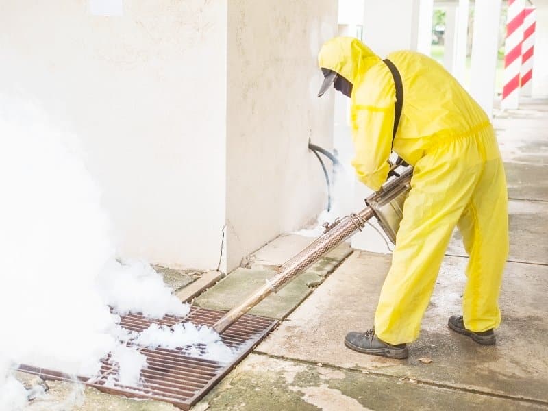 Worker in yellow protective suit spraying chemical fog into a drain for mosquito control treatment outdoors.