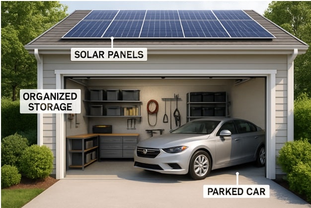 A modern garage design featuring solar panels on the roof, a neatly parked silver car, and organized storage with shelves, tools, and cabinets inside the garage. The setup highlights sustainable energy use and efficient garage design.