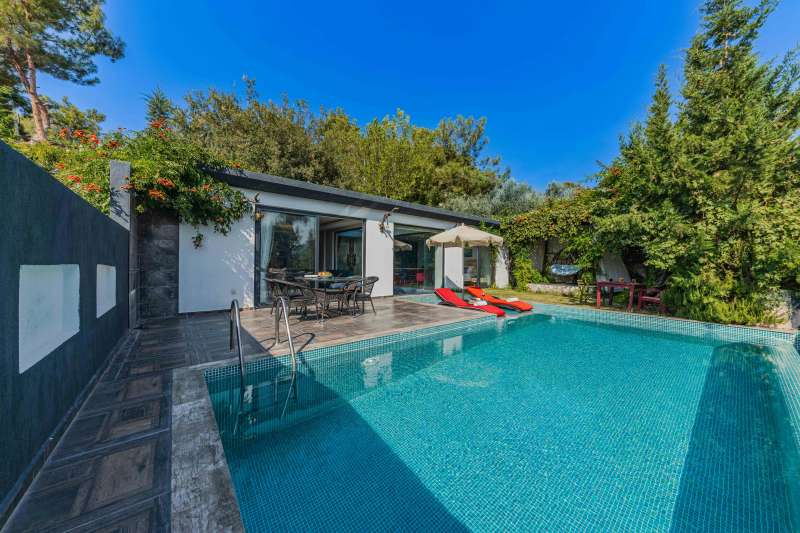 Modern house with a private swimming pool, outdoor dining area, sun loungers, and lush greenery – a stylish home improvement feature for relaxation and entertainment.
