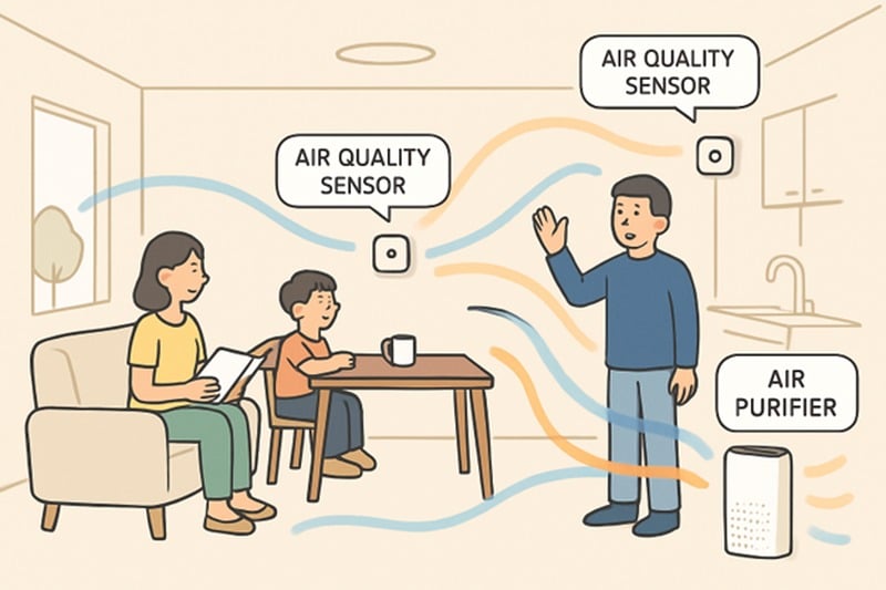 Illustration of a family in a living room with air quality sensors and an air purifier, showing airflow patterns that improve indoor air quality.