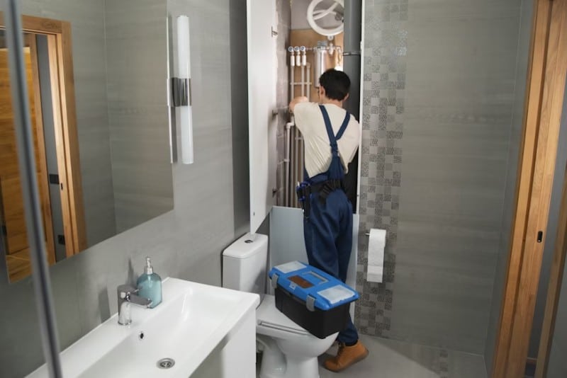 A plumber in blue overalls performing plumbing inspections inside a modern bathroom, working on exposed pipes behind a wall panel with a toolbox placed on the toilet.