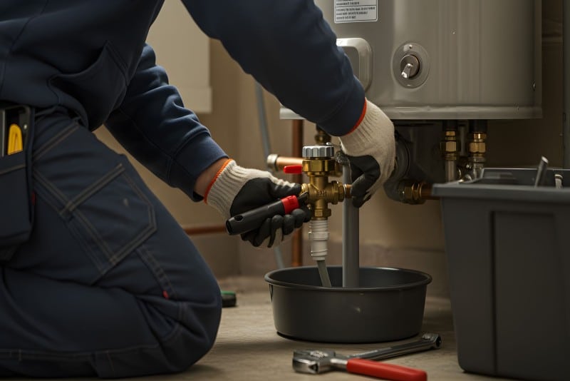 A plumber wearing gloves adjusts valves and connections on a tankless water heater, using tools and a catch pan during plumbing repair.