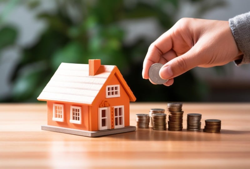 A hand placing a coin beside stacks of coins next to a small model house, symbolizing saving and investing in property.