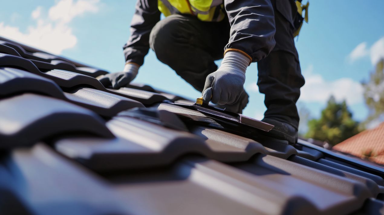 Professional roofer in protective gloves fixing damaged roof tiles on a home during repair work.