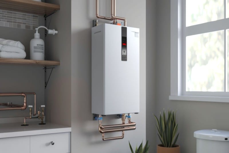 Tankless water heater mounted on wall with copper plumbing pipes in a modern laundry room, showing plumbing setup for repair needs in Las Vegas.