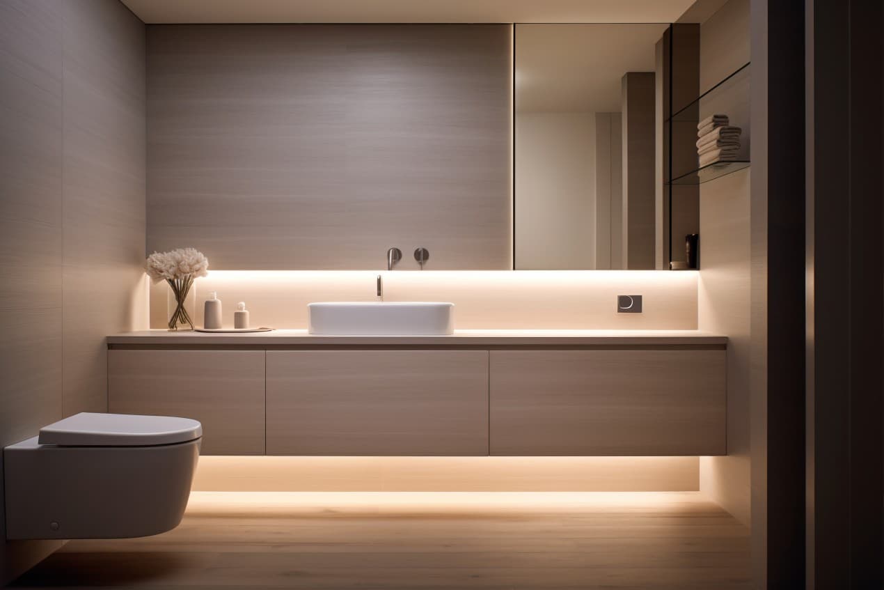 Modern bathroom with sleek wall cabinets, floating vanity, and warm under-cabinet lighting enhancing its aesthetic appeal.