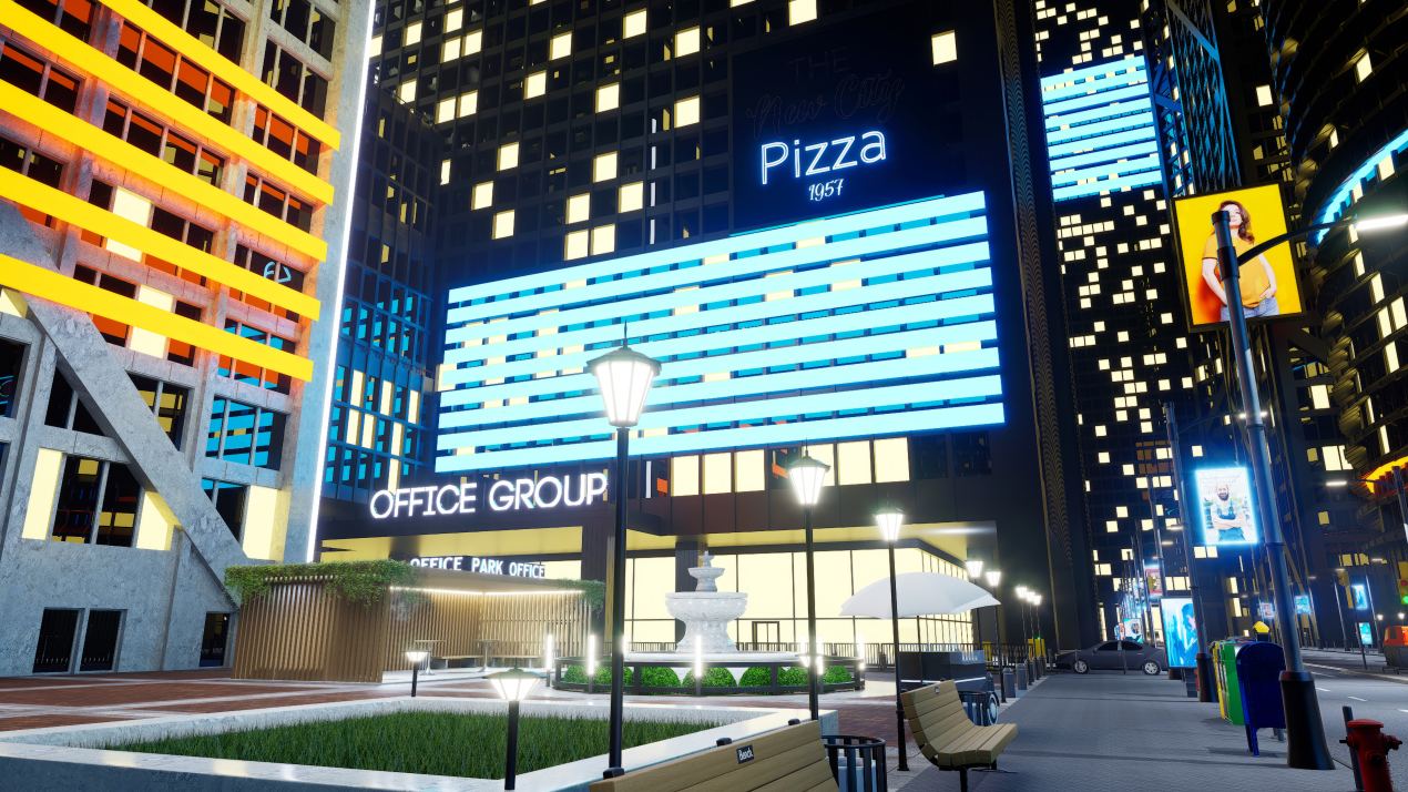 Modern city street at night with bright commercial outdoor lighting, including illuminated office signs, benches, and a fountain in a plaza—showing how outdoor lighting enhances business appeal and safety.