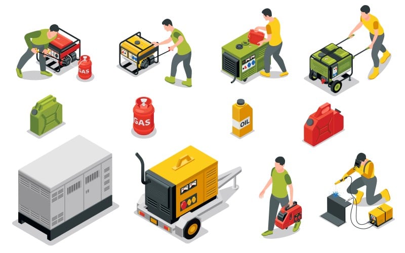 Isometric illustration showing different types of portable and stationary petrol generators, people refueling and operating them, along with gas cans, oil containers, and maintenance activities—depicting proper usage and care for a petrol generator for home backup power.