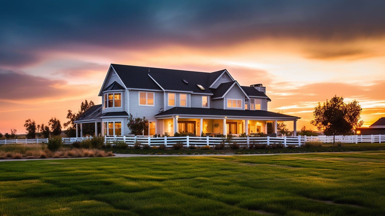 Large modern farmhouse with white siding and black roof, surrounded by a white fence, illuminated at sunset with a vibrant sky and green lawn in front — perfect example of a new home exterior.