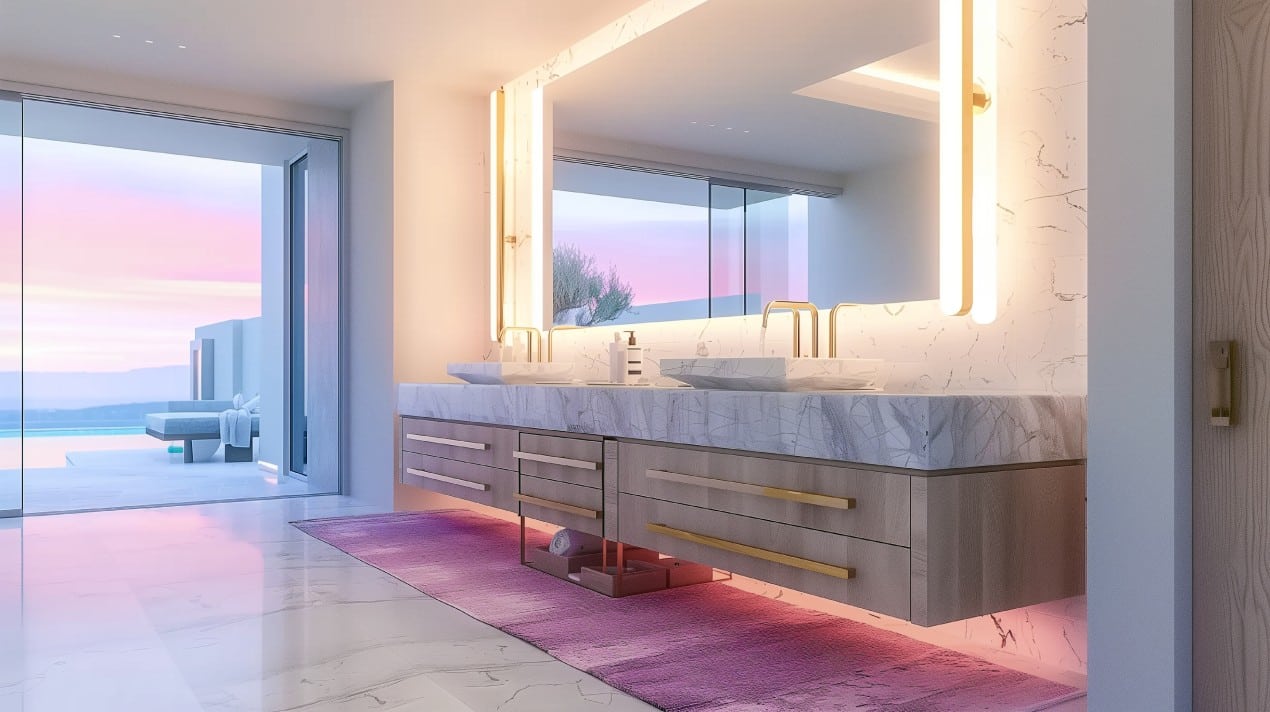 Modern bathroom with a large LED mirror above a double marble vanity, gold fixtures, and soft pink lighting reflecting a sunset view through glass doors.