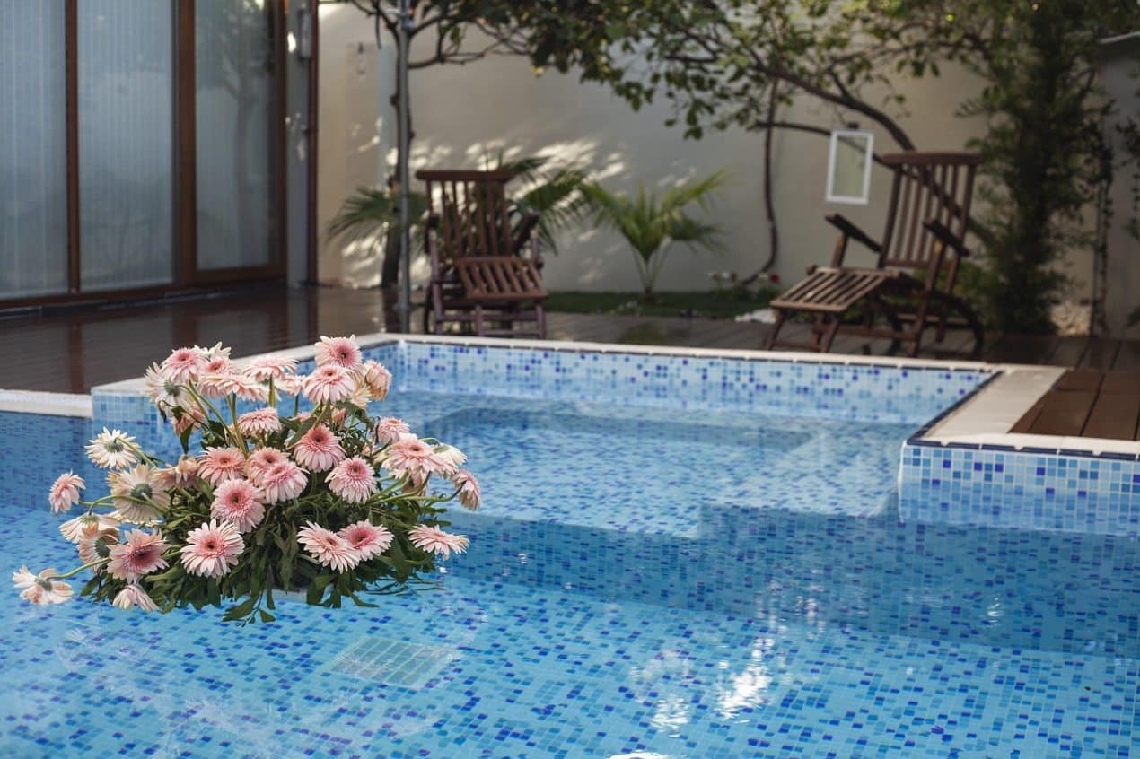 Pink daisies floating in a blue tiled pool near wooden deck chairs, ideal for maximizing pool season with a durable pool enclosure.