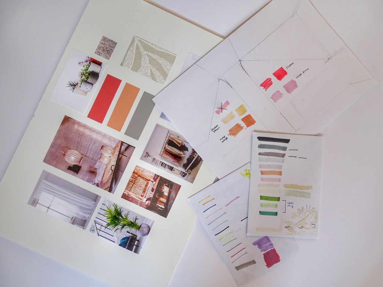 Mood board showing color palettes, textures, and interior design photos used for planning print materials that visually express a home brand’s identity.