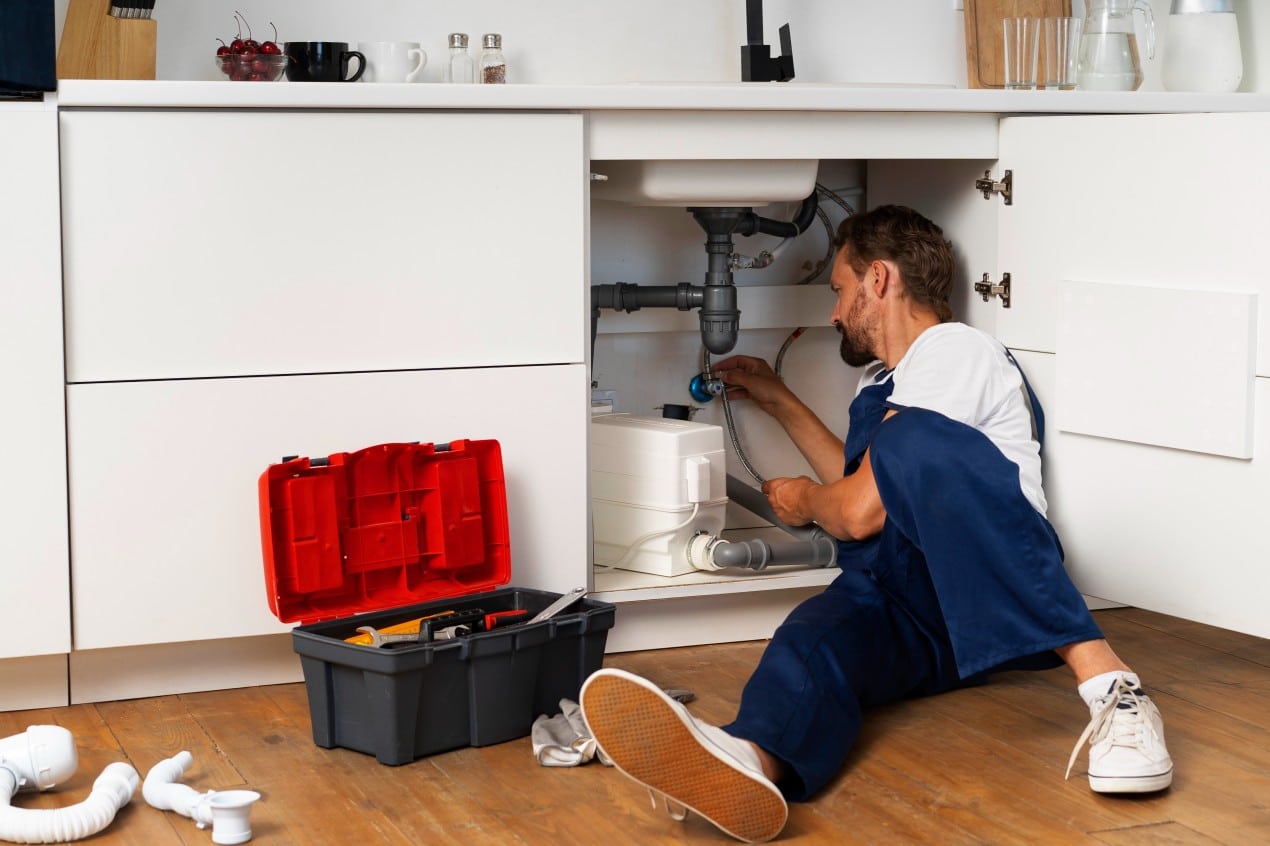 A plumber in blue overalls fixing pipes under a kitchen sink with a toolbox on the floor, addressing plumbing emergencies.