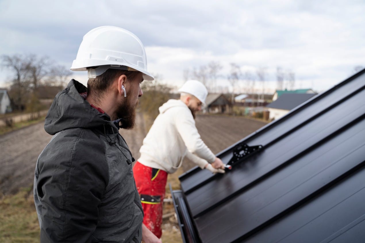 Two roofing contractors wearing safety helmets work on installing a black metal roof panel in OKC. The contractor in the foreground observes while the other secures the panel, showing teamwork and attention to detail.