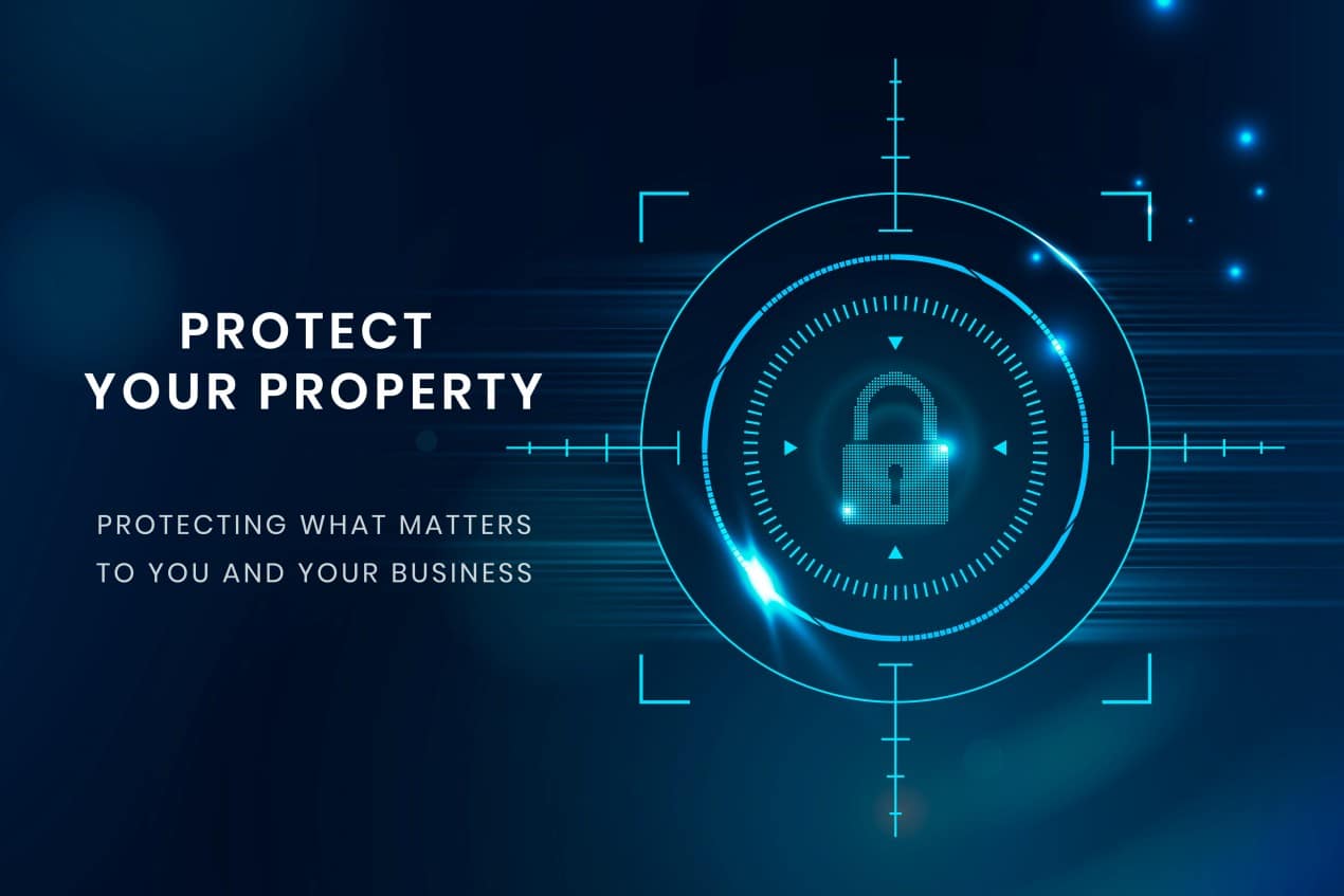 Digital security concept with glowing lock icon and target interface on dark blue background. Text reads “Protect Your Property – Protecting what matters to you and your business,” promoting security and protection solutions. Keyword: security.