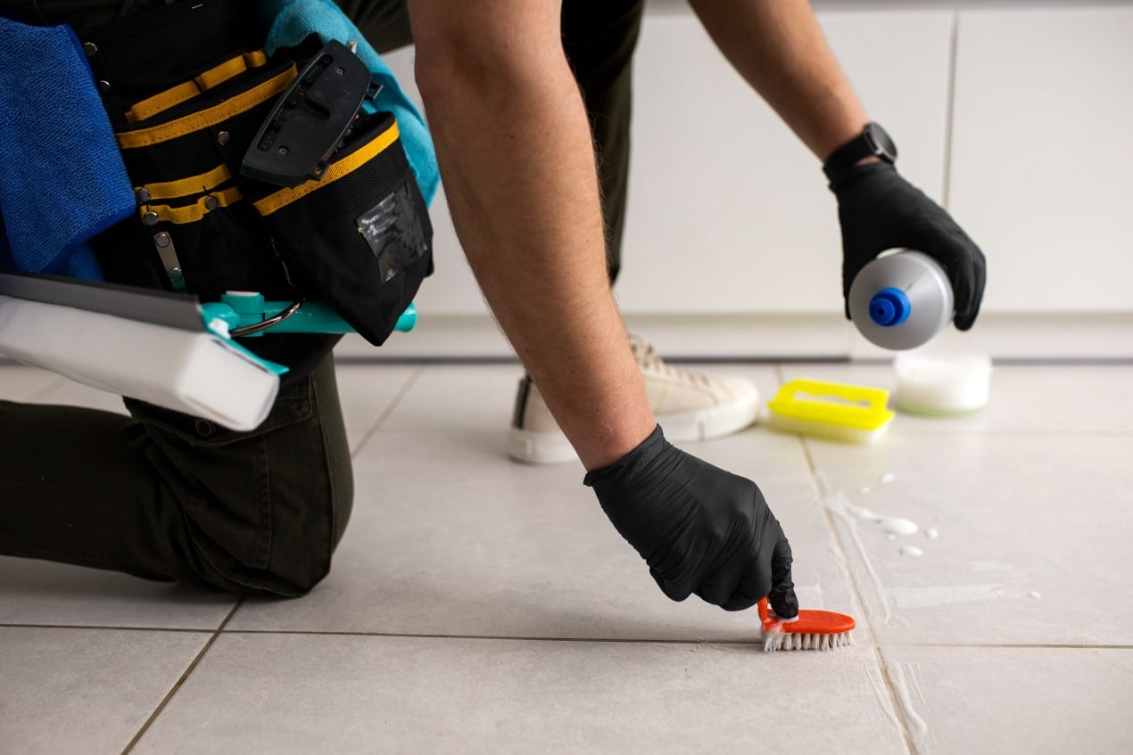 A person wearing black gloves is cleaning tile grout on a floor using a small brush and cleaning solution, with cleaning tools and supplies visible nearby. The image demonstrates proper tile grout maintenance and cleaning technique.