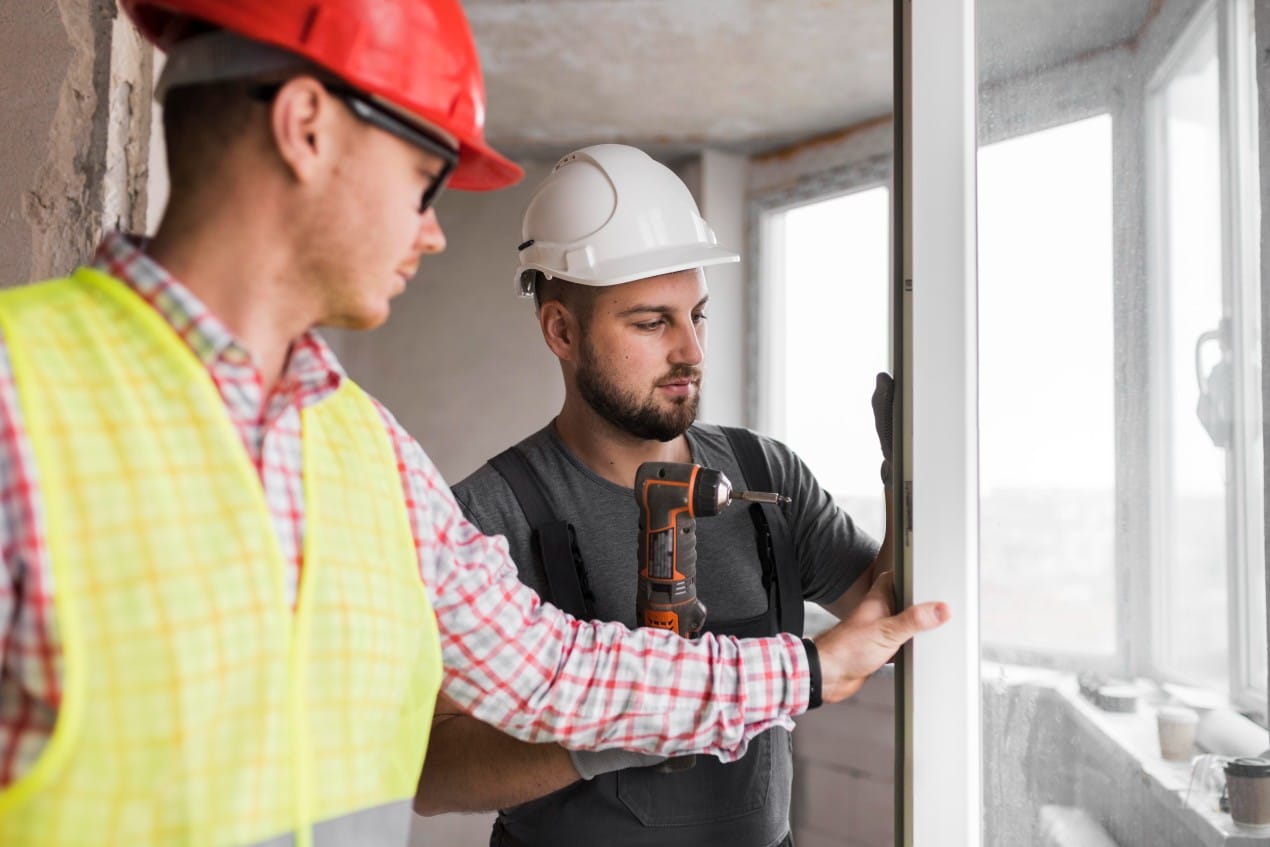 Two construction workers wearing safety helmets and vests install a window frame indoors, one holding a drill while ensuring proper alignment.
