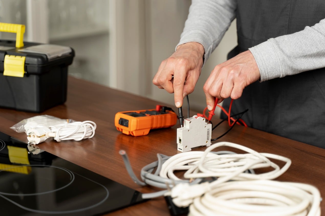 Person testing an electrical component with a multimeter on a workbench, surrounded by cables and tools, demonstrating common electrical problems and troubleshooting steps.