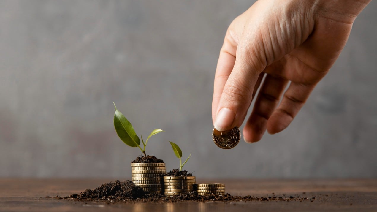 A hand placing a coin onto a stack of growing coins with small green plants sprouting from them, symbolizing financial growth and investment success.