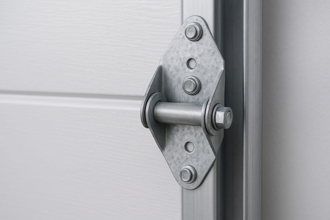 Close-up view of a metal hinge on a garage door, showing the roller bracket and bolts that connect the door panel to the track, ensuring smooth and efficient garage door movement.