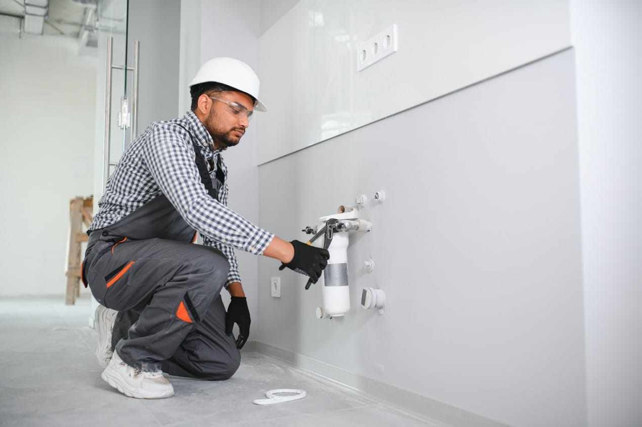 Worker installing wall-mounted water pipes and filter system during a new construction plumbing job on a real estate project.