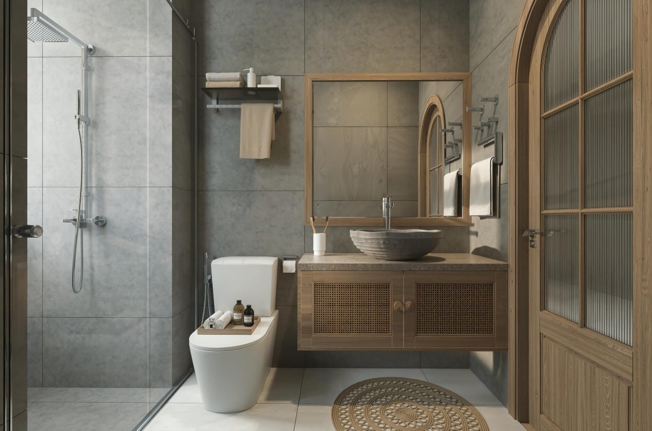 Narrow layout in Older Bathrooms with tight toilet placement beside shower and limited movement space near vanity and sink.