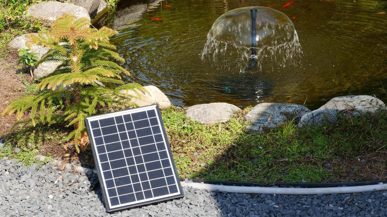 Solar-powered fountain pump running in a backyard pond, circulating water to support birds and improve wildlife spaces.