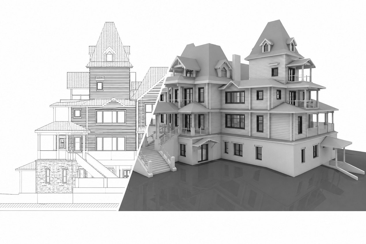 Architectural drawing and 3D building model showing how Laser Scanning supports accurate renovation planning and digital building documentation.