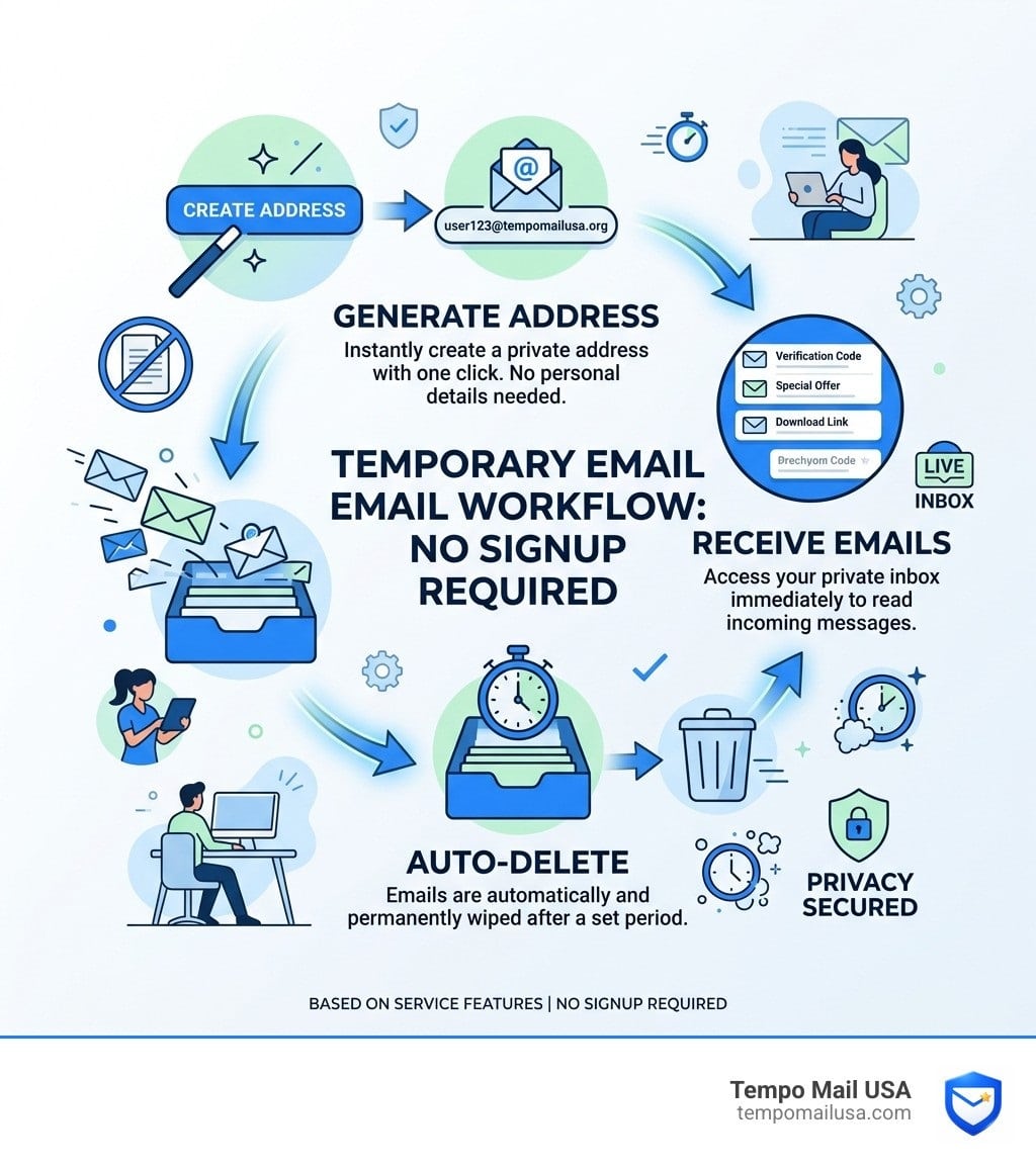 TempoMailUSA temporary email workflow showing instant address creation, private inbox access, auto-delete, and no signup privacy protection.